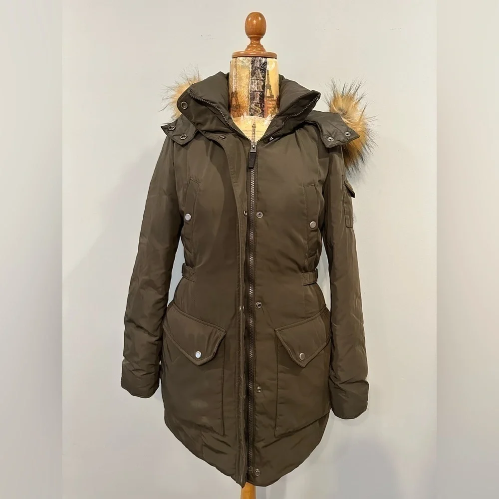 Andrew Marc New York Full Zip Faux Fur Down Feather Hooded Olive Puffer Coat - Picture 5 of 9